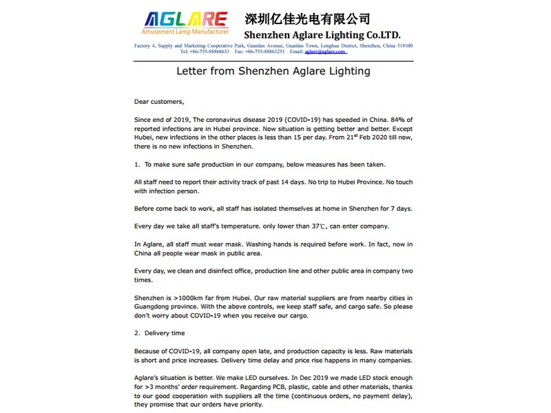 Letter from Shenzhen Aglare Lighting